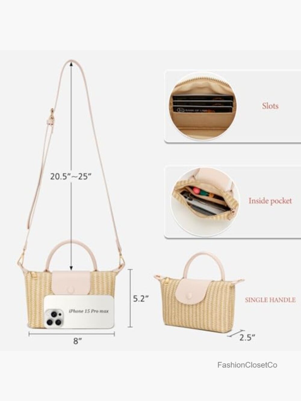 Mini Straw Crossbody Bag with Top Handle and Adjustable Strap - Picture 3 of 7